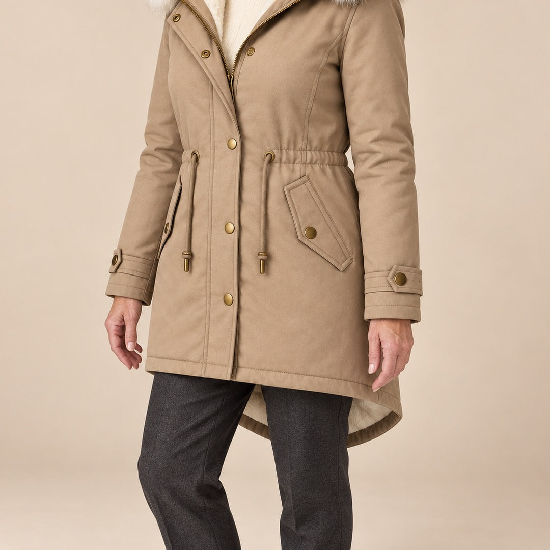 Arvelle winter coat in beige, worn with gray pants