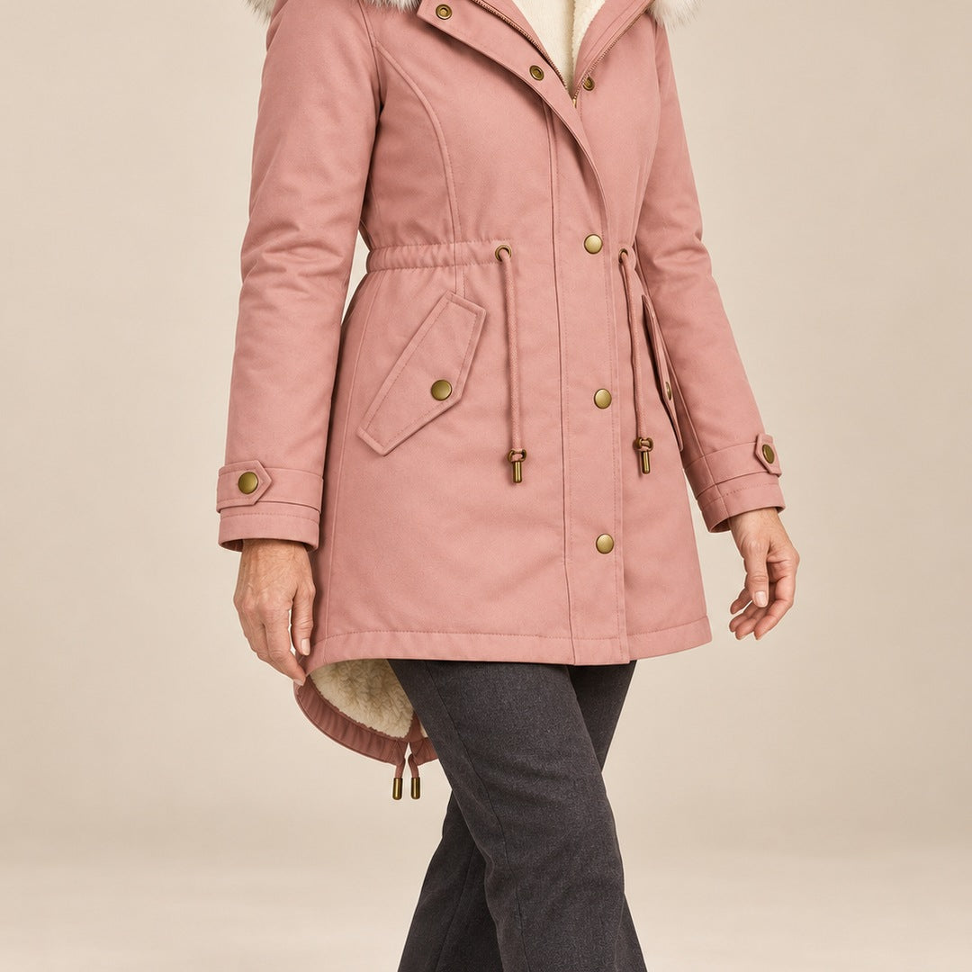 Arvelle winter coat in pink, worn with gray pants