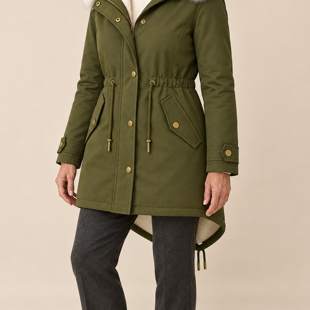 Arvelle winter coat in olive green, worn with gray pants
