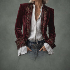 Annette long embroidered jacket in burgundy