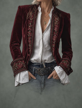 Annette long embroidered jacket in burgundy