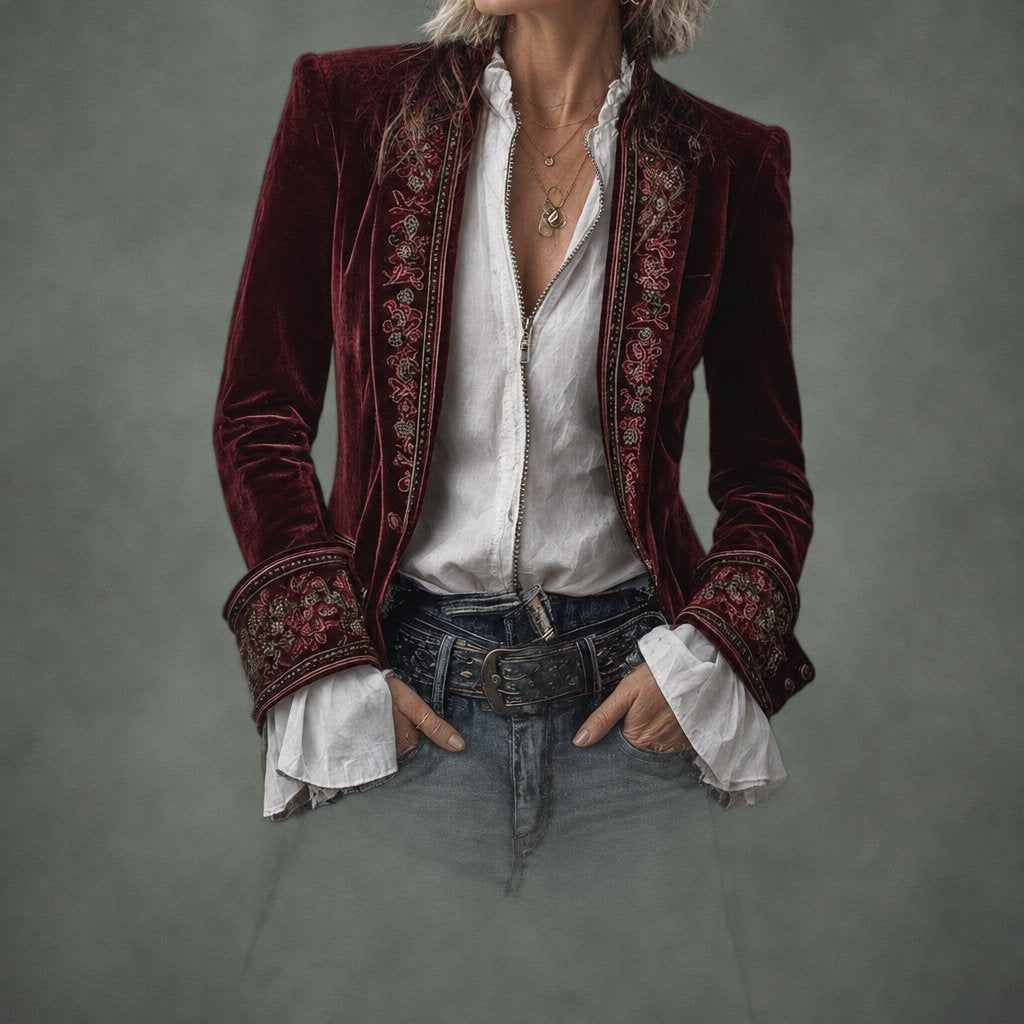 Annette long embroidered jacket in burgundy