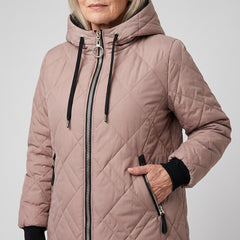Rolande hooded jacket in dusty rose, close-up of the zip, drawcords and pocket