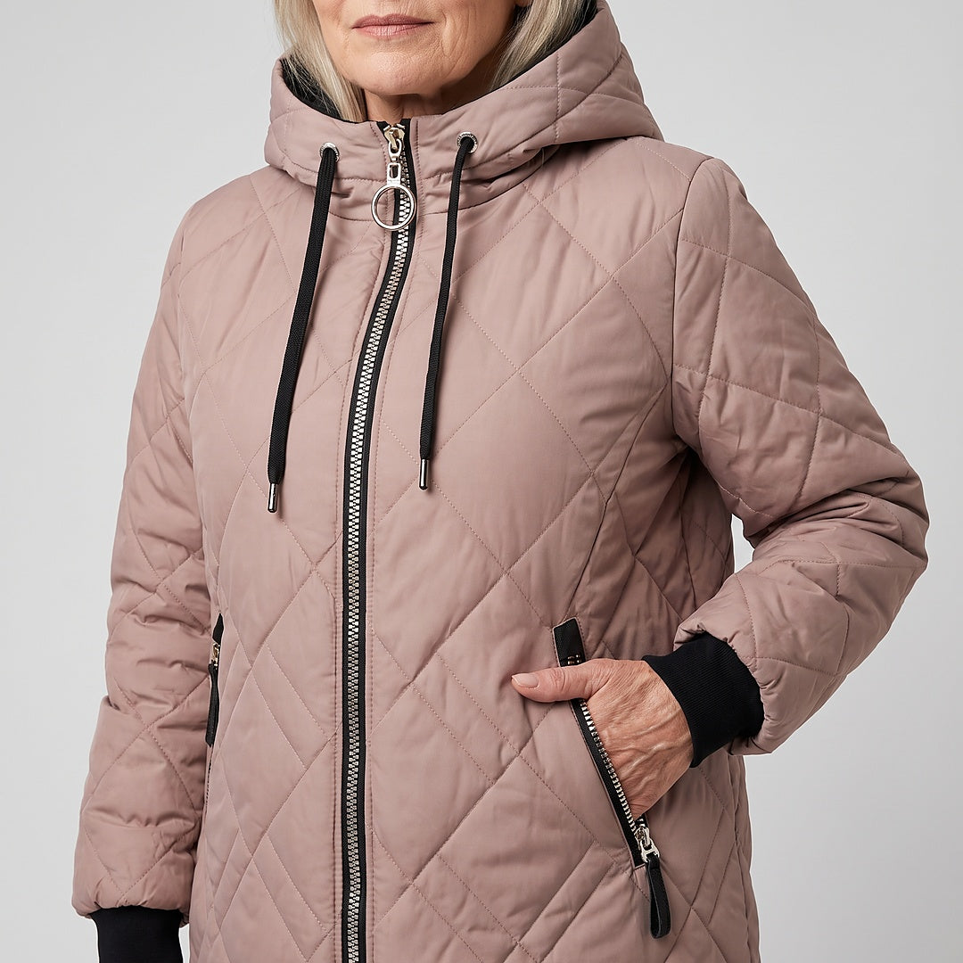 Rolande hooded jacket in dusty rose, close-up of the zip, drawcords and pocket