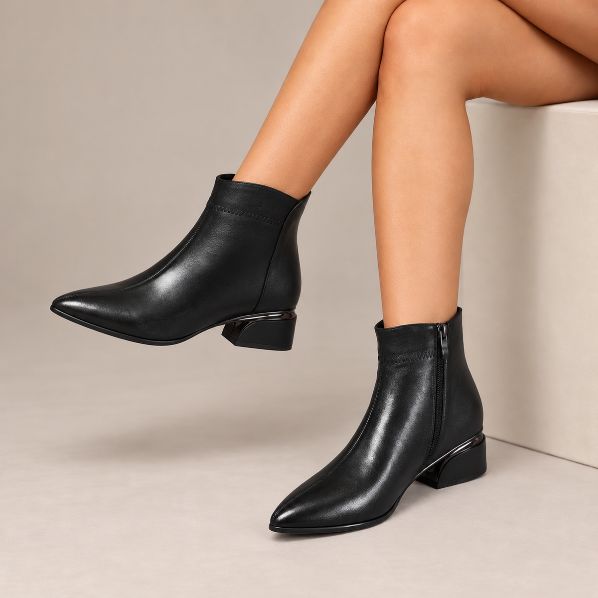 Cressida | Pointed-Toe Low Heel Ankle Boots in Black