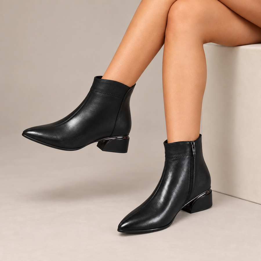 Cressida | Pointed-Toe Low Heel Ankle Boots in Black