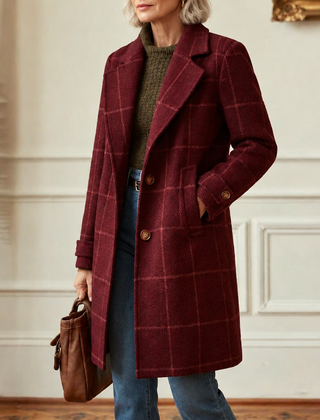 Cecile | Elegant Long Plaid Coat - Burgundy