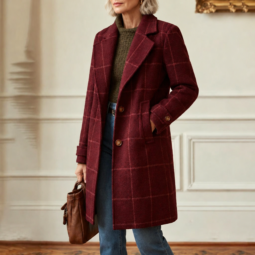 Cecile | Elegant Long Plaid Coat - Burgundy