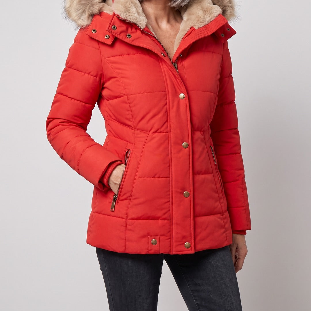 Margot winter coat in red, front view