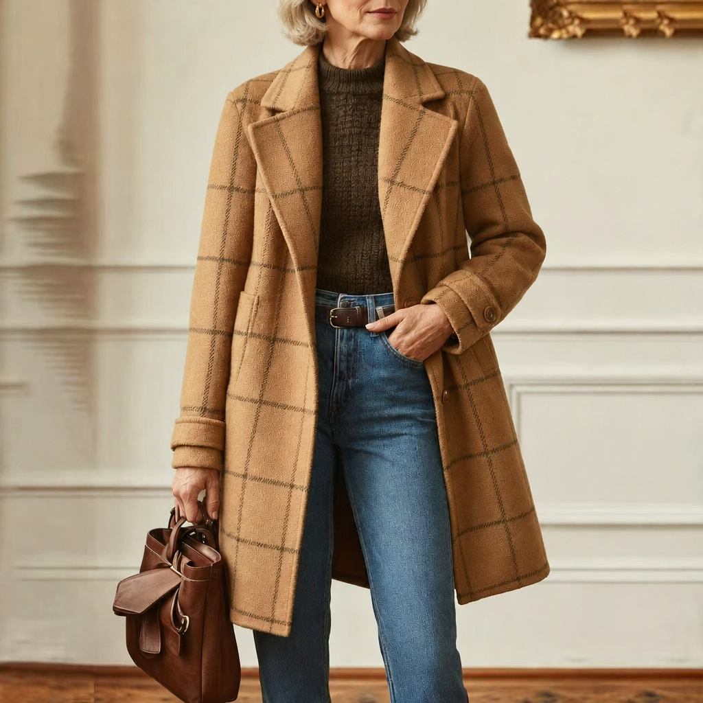 Cecile | Elegant Long Plaid Coat