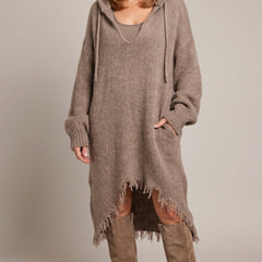 Elena hooded dress in taupe, front view