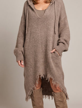 Elena hooded dress in taupe, front view