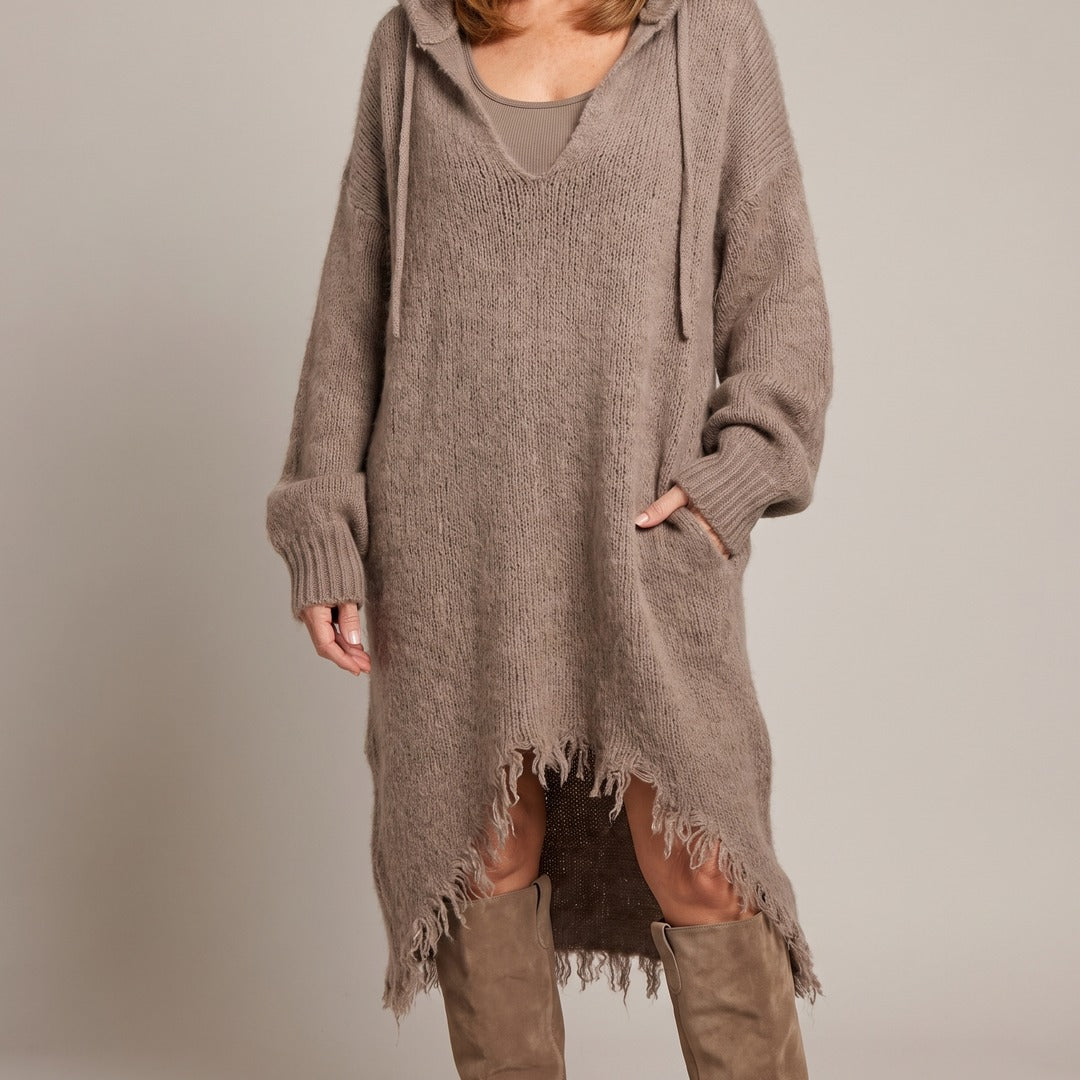 Elena hooded dress in taupe, front view