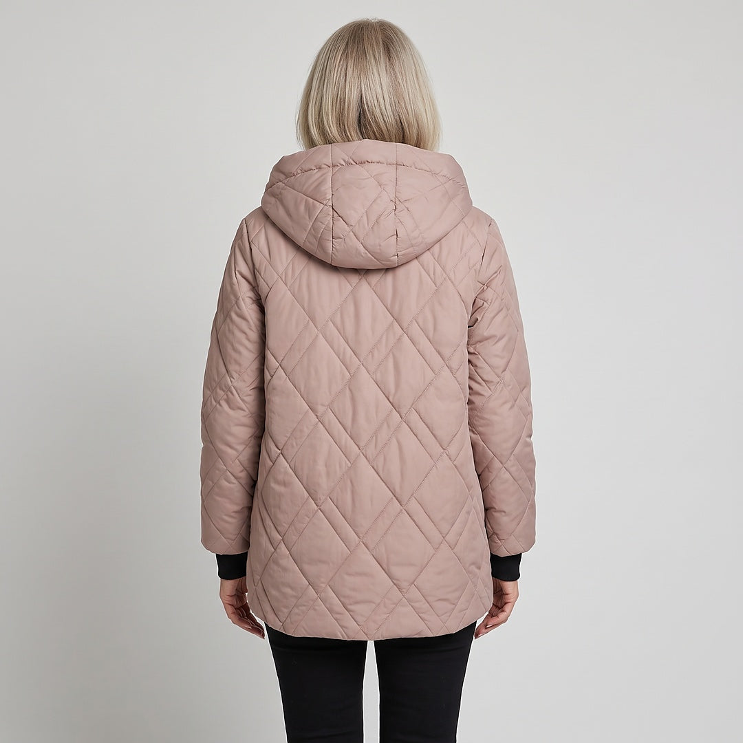 Rolande hooded jacket in dusty rose, back view with the hood up