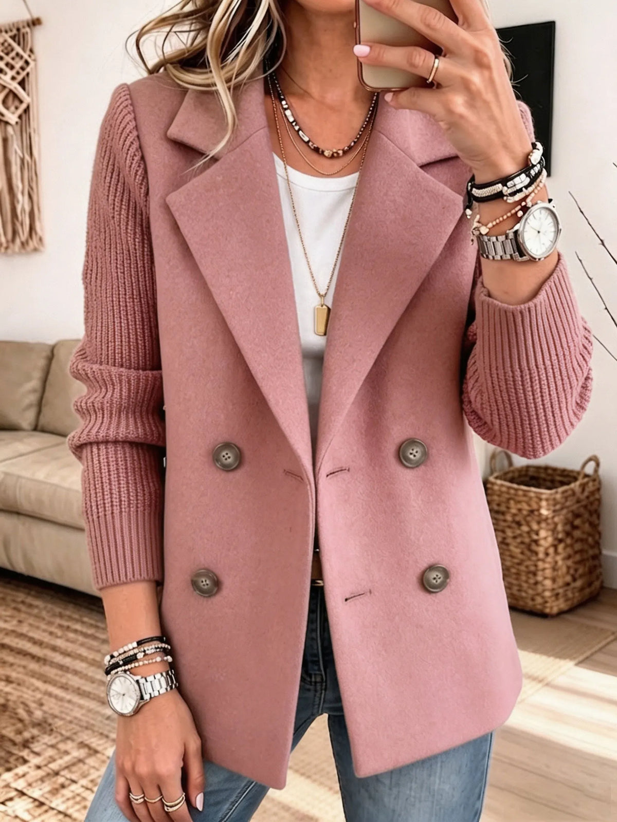 Carla double-breasted blazer with ribbed sleeves in Pink