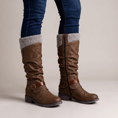 Greta boots in brown, worn with jeans