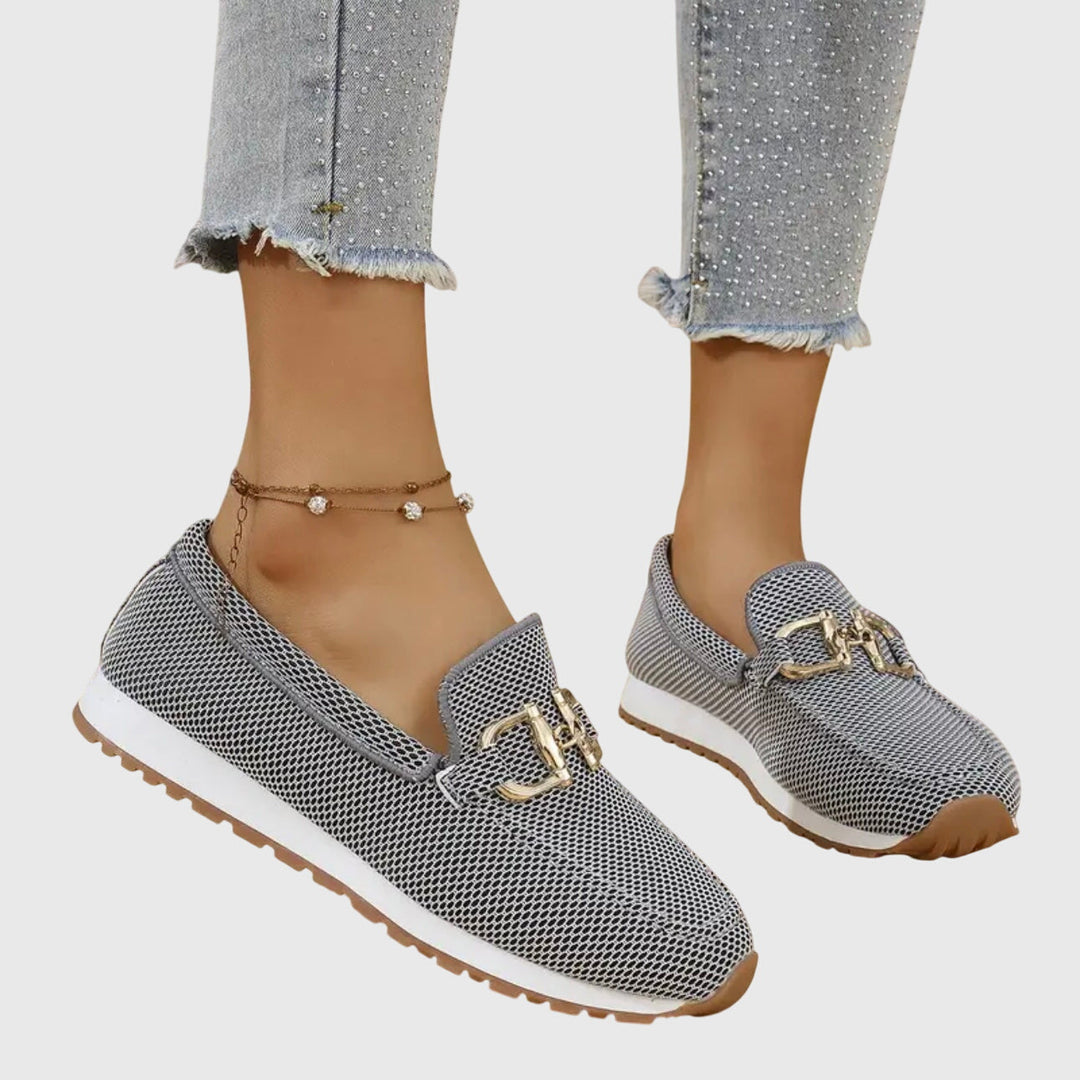 Lydia Slip-On Loafers with Gold Buckle in gray
