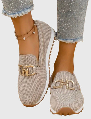 Lydia Slip-On Loafers with Gold Buckle in beige