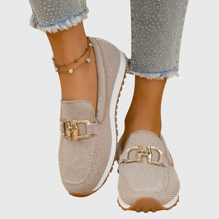 Lydia Slip-On Loafers with Gold Buckle in beige