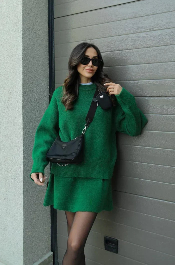 Beatrice two-piece sweater and skirt in Green, side view