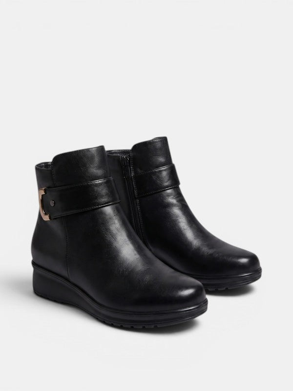 Clementine | Side-Zip Buckle Strap Ankle Boots in Black