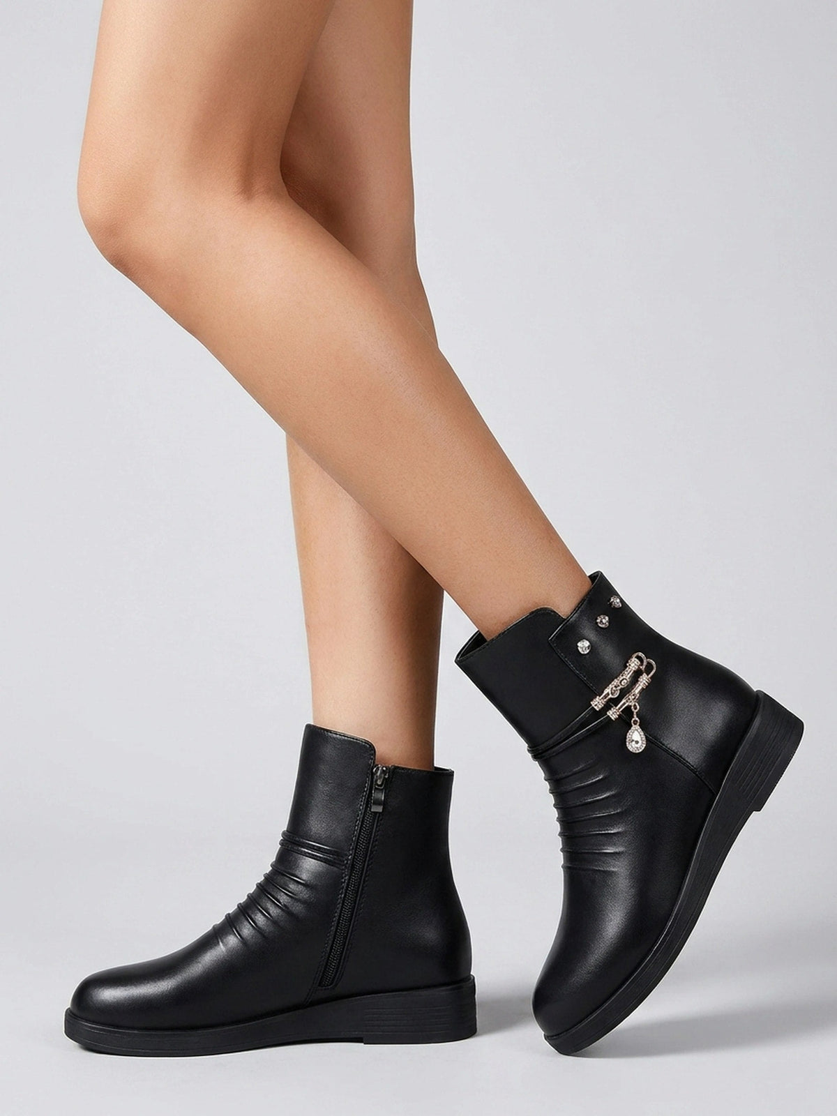 Seraphina | Ruched Jewel-Chain Wedge Ankle Boots
