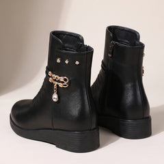 Seraphina | Ruched Jewel-Chain Wedge Ankle Boots