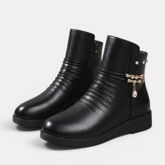 Seraphina | Ruched Jewel-Chain Wedge Ankle Boots in Black