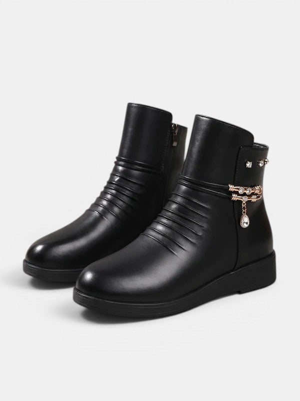 Seraphina | Ruched Jewel-Chain Wedge Ankle Boots in Black