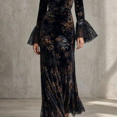 Leda | Long Floral Dress with Sheer Sleeves in Black