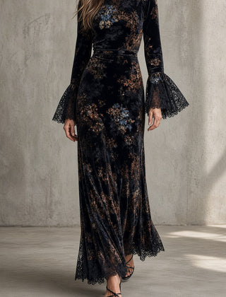 Leda | Long Floral Dress with Sheer Sleeves in Black