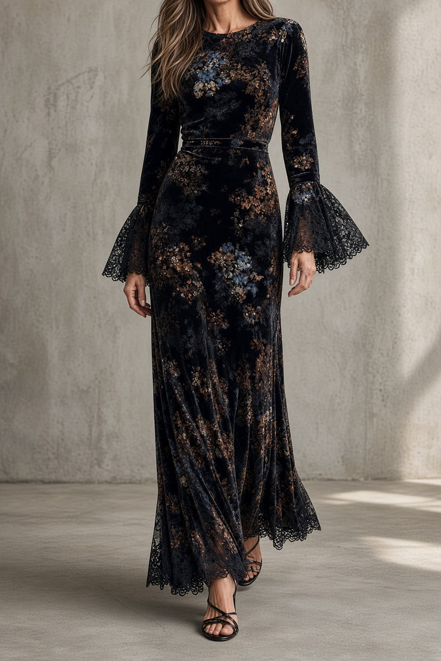 Leda | Long Floral Dress with Sheer Sleeves in Black