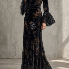 Leda | Long Floral Dress with Sheer Sleeves