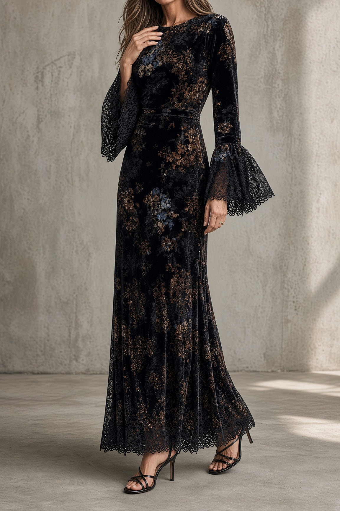 Leda | Long Floral Dress with Sheer Sleeves