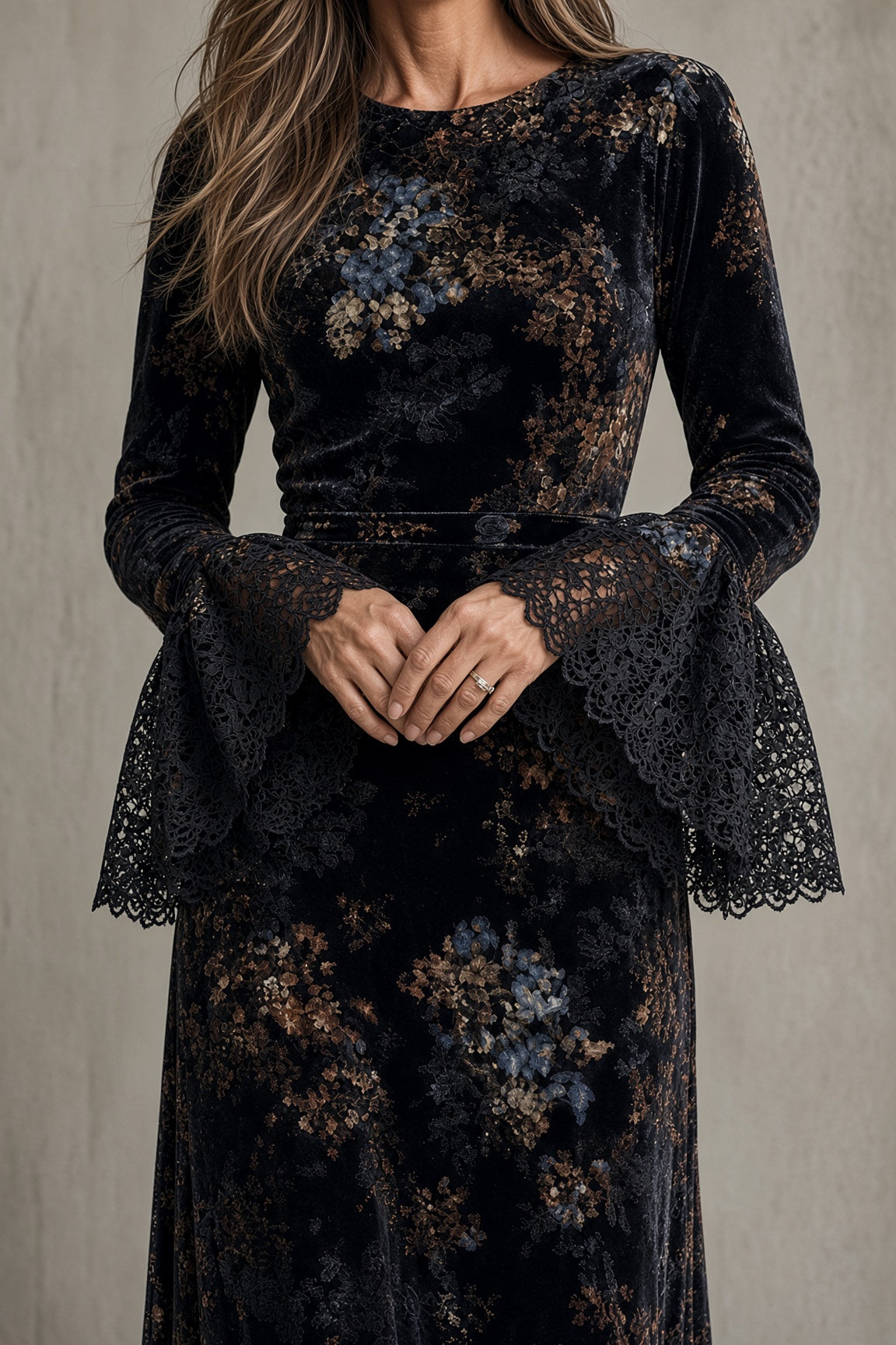 Leda | Long Floral Dress with Sheer Sleeves