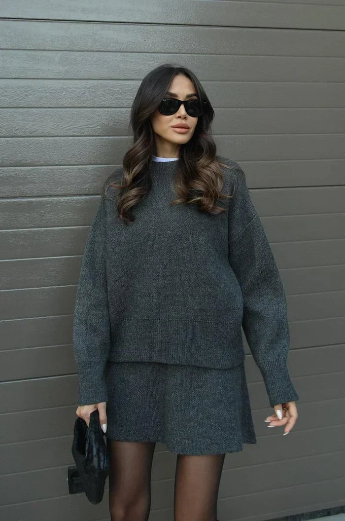 Beatrice two-piece sweater and skirt in Charcoal, front view
