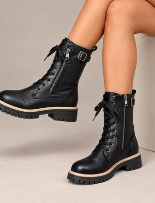 Henrietta | Lace-Up Side-Zip Combat Boots in Black