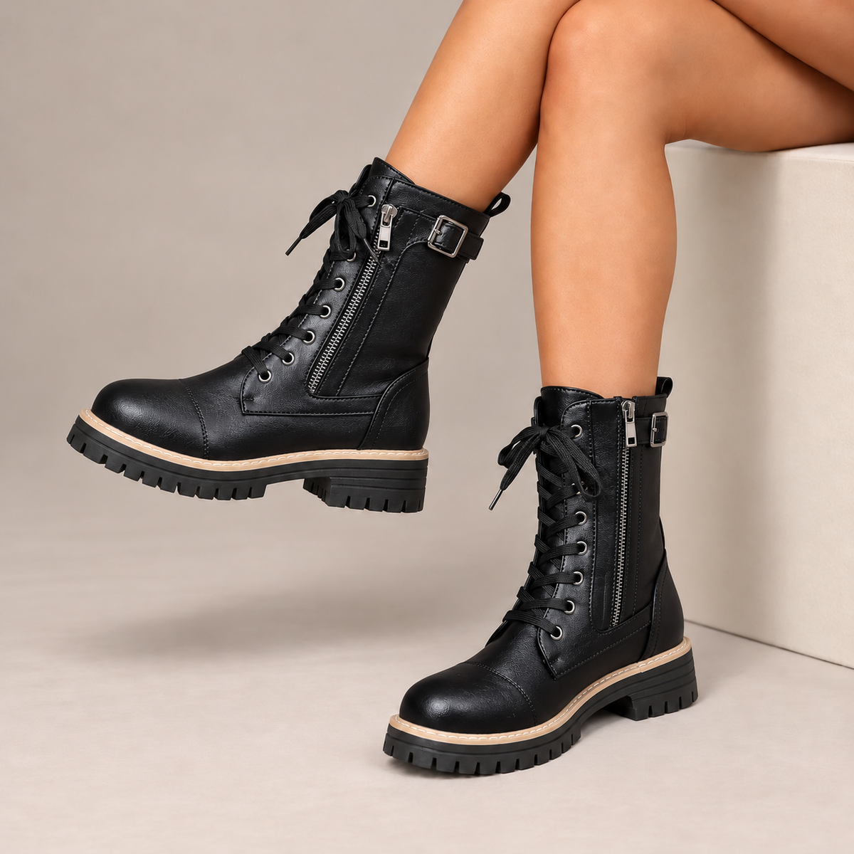 Henrietta | Lace-Up Side-Zip Combat Boots in Black
