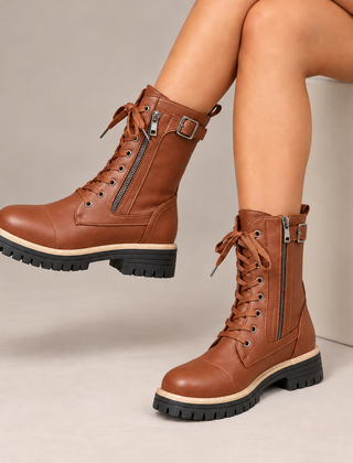 Henrietta | Lace-Up Side-Zip Combat Boots in Cognac