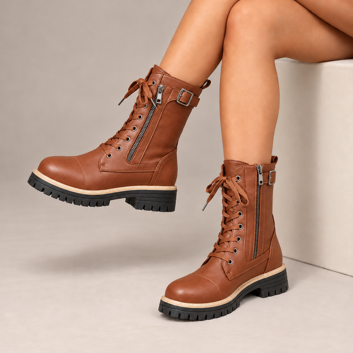 Henrietta | Lace-Up Side-Zip Combat Boots in Cognac