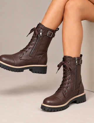 Henrietta | Lace-Up Side-Zip Combat Boots in Dark Brown