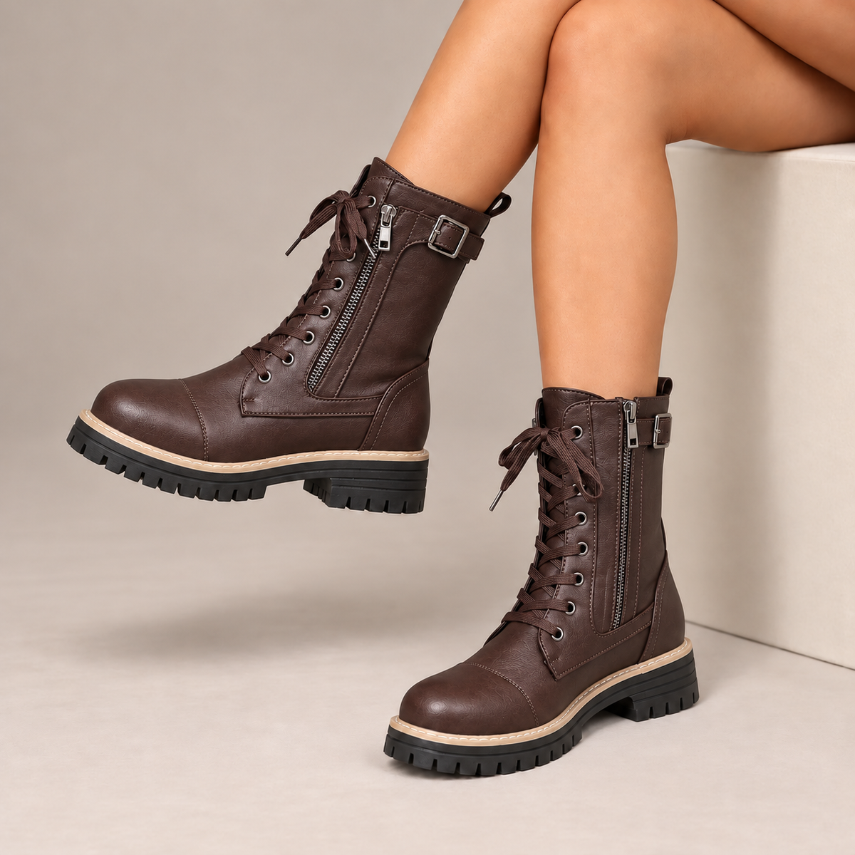 Henrietta | Lace-Up Side-Zip Combat Boots in Dark Brown
