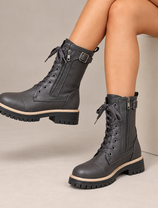 Henrietta | Lace-Up Side-Zip Combat Boots in Gray