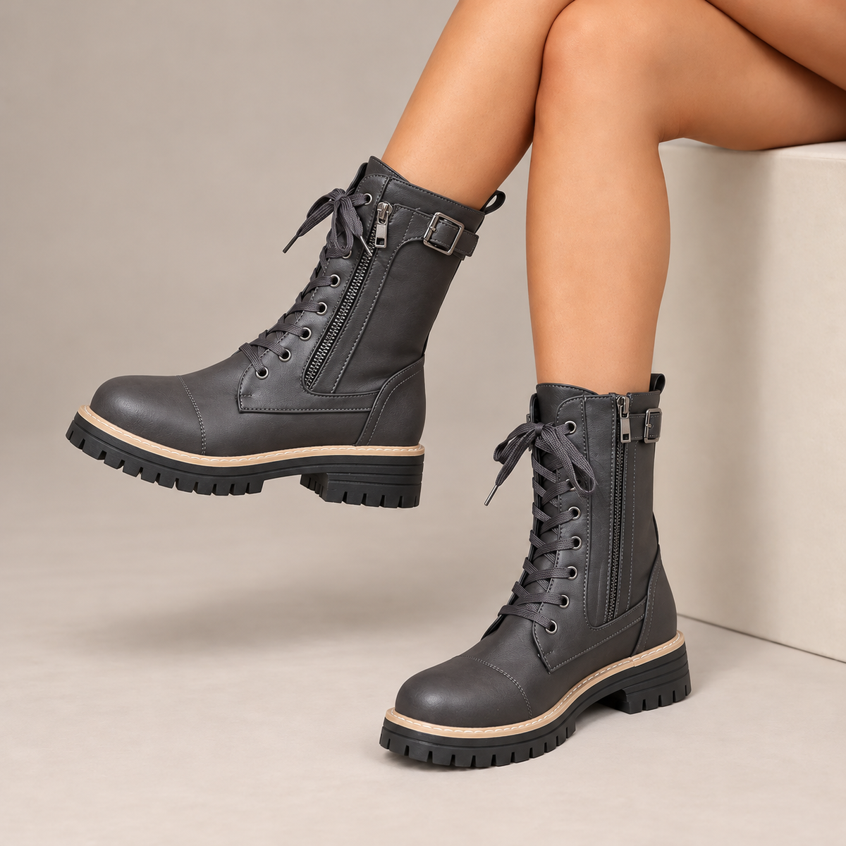 Henrietta | Lace-Up Side-Zip Combat Boots in Gray