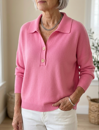 Eliza Elegant Collared Button Sweater in pink
