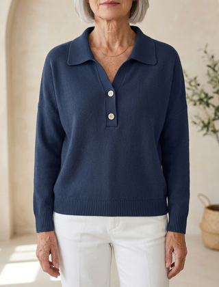Eliza Elegant Collared Button Sweater in dark blue
