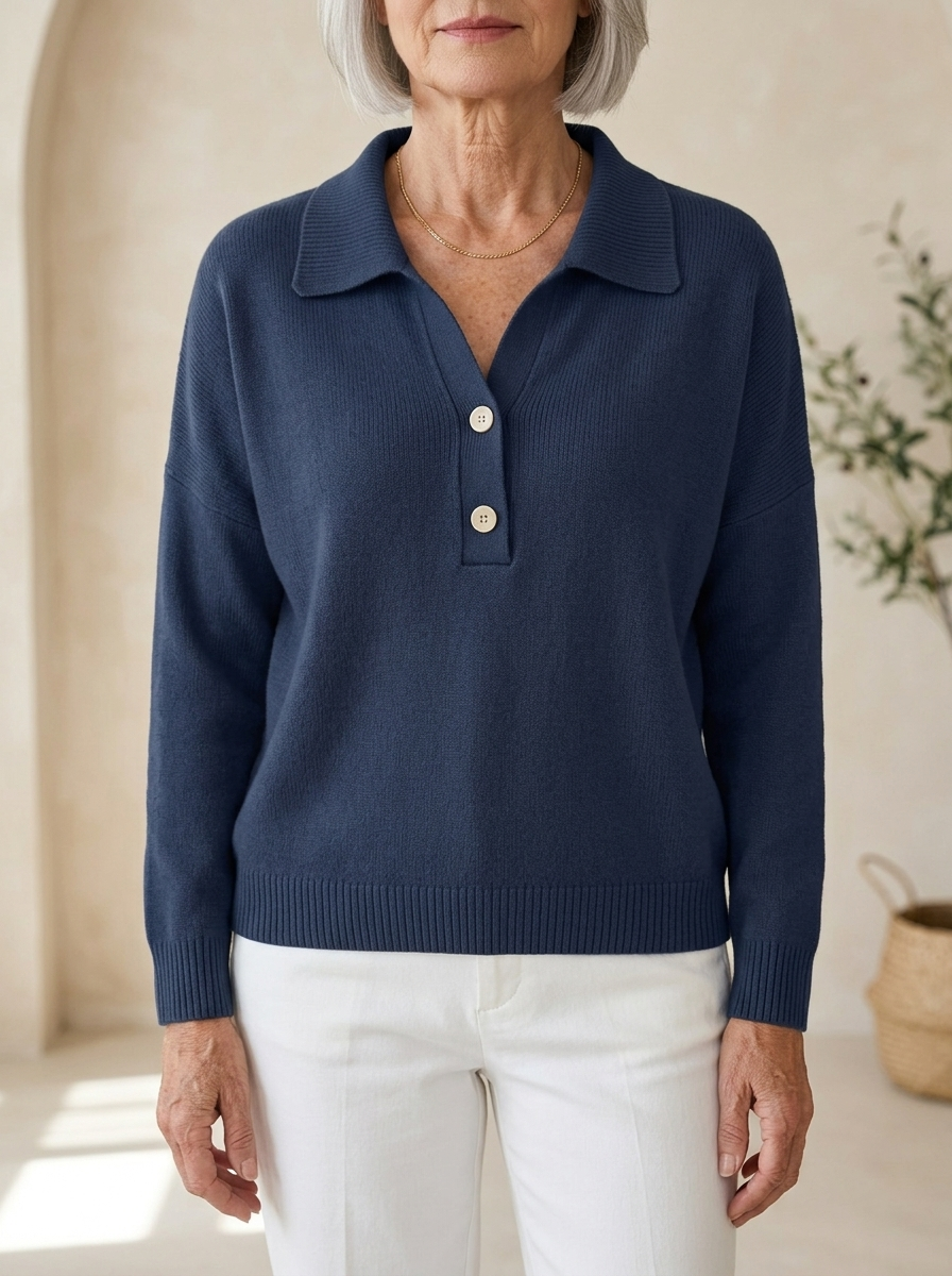 Eliza Elegant Collared Button Sweater in dark blue