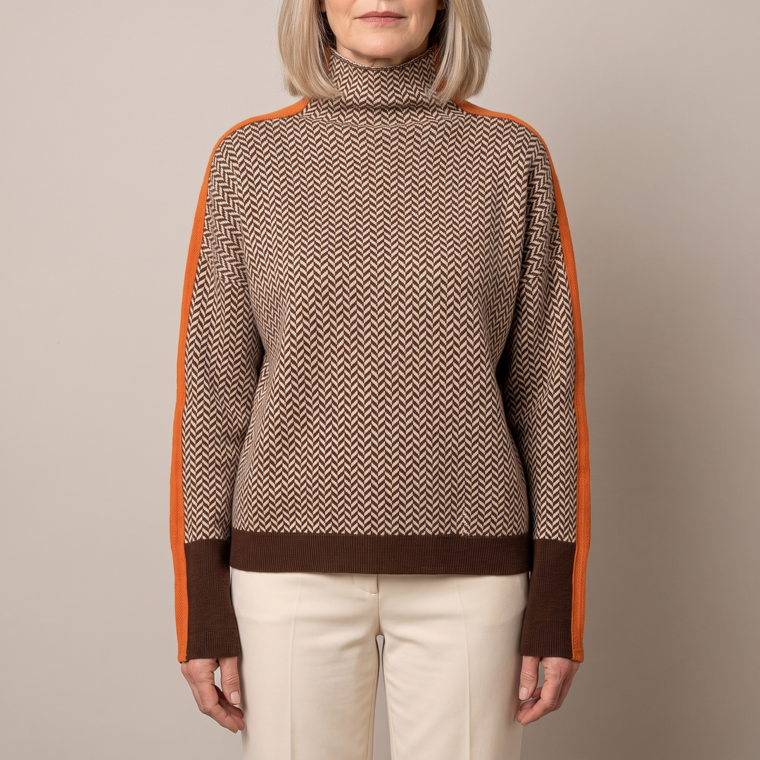 Malou turtleneck sweater in brown and orange, front view