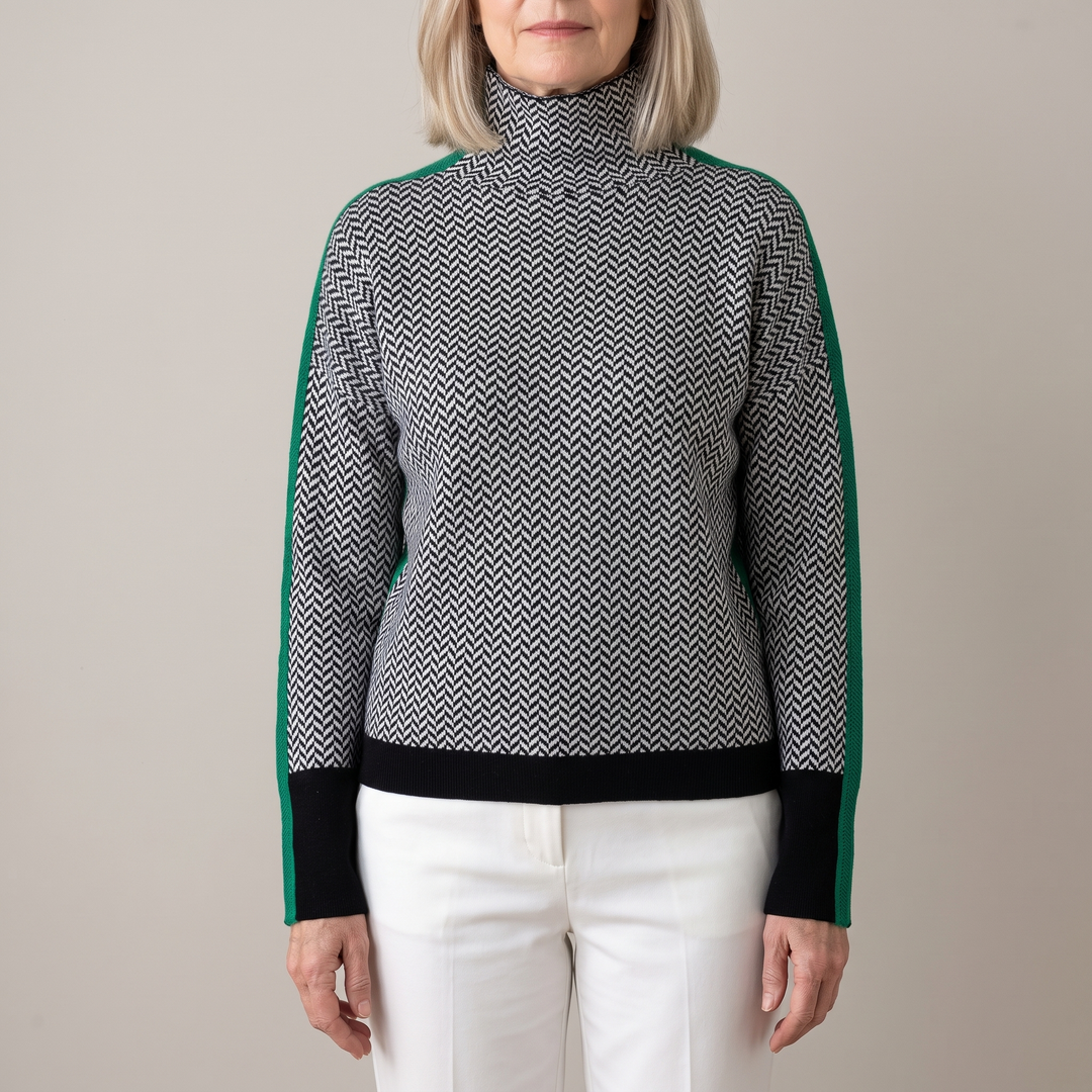 Malou turtleneck sweater in black and green, front view