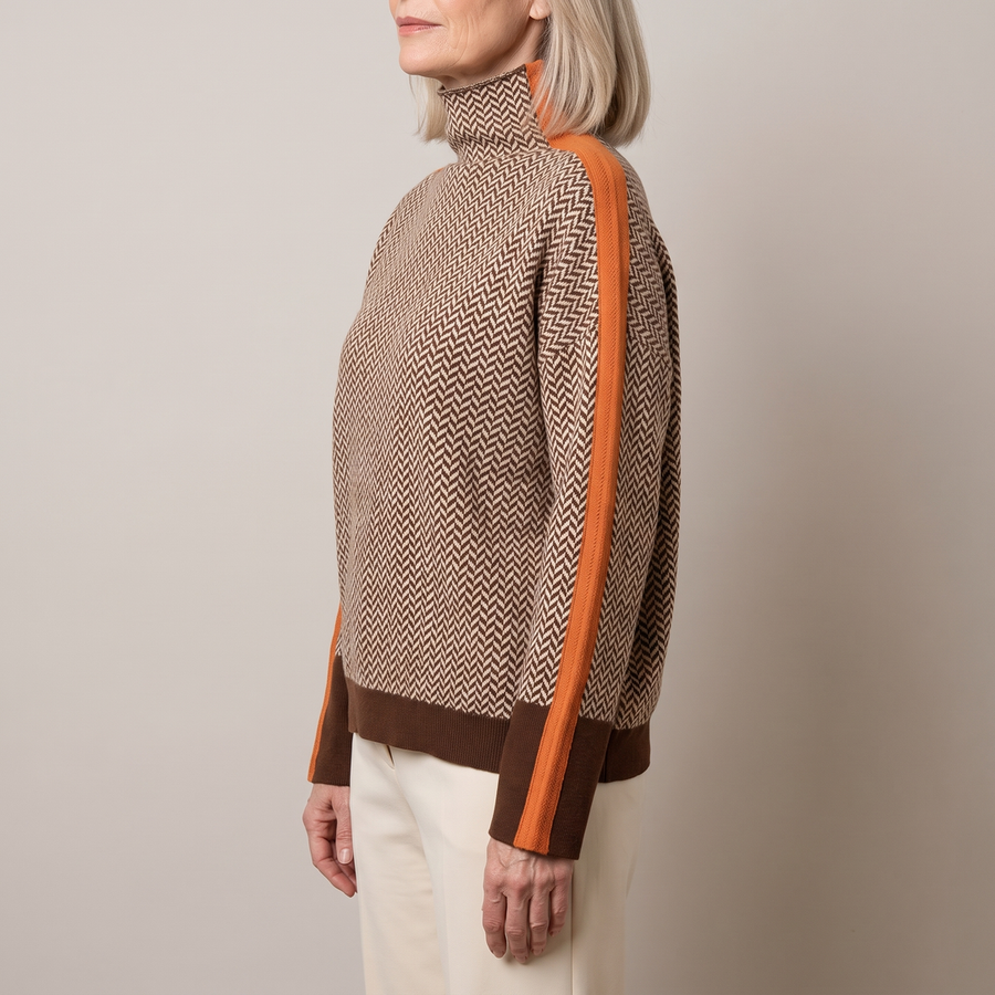 Malou turtleneck sweater in brown and orange, side view